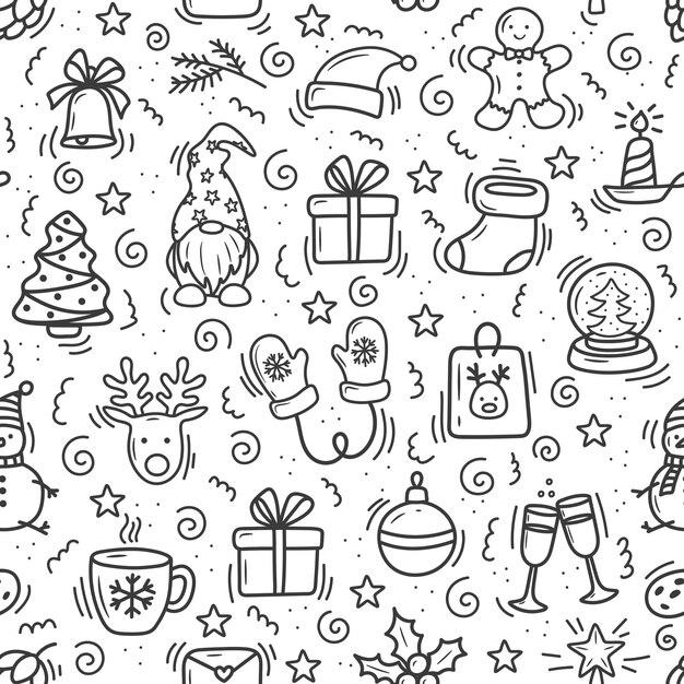 Padrão de natal em desenho animado estilo doodle em um fundo branco