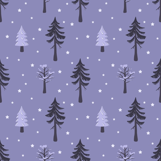 Vetor padrão de natal sem costura com abeto e árvore na neve em fundo violeta impressão de feliz ano novo com flocos de neve para decorações de férias embrulhando têxteis de papel e design ilustração em vetor plana