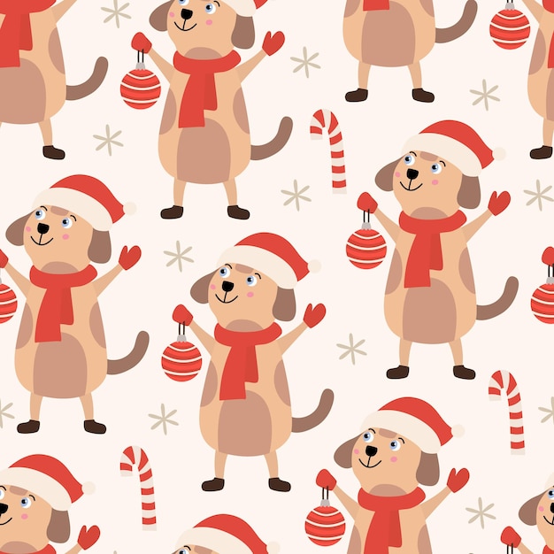 Padrão de Natal sem costura com cão bonito em traje de Papai Noel com ornamento e cana-de-açúcar