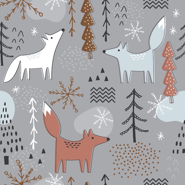 Padrão de Natal sem costura com design de floresta e raposa