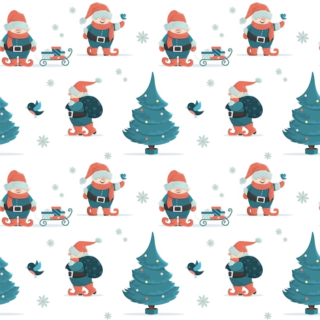 Padrão de natal sem costura com gnomos de fadas, árvore de natal e presentes. ilustração do estilo dos desenhos animados.
