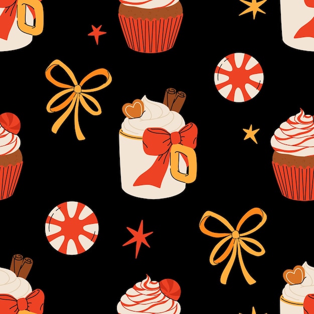 Padrão de Natal sem costura com presente de biscoito de gengibre de bebida de cacau e pirulito Ilustração vetorial para papel de enrolamento de cartões postais tê-shirt de livro de fundo