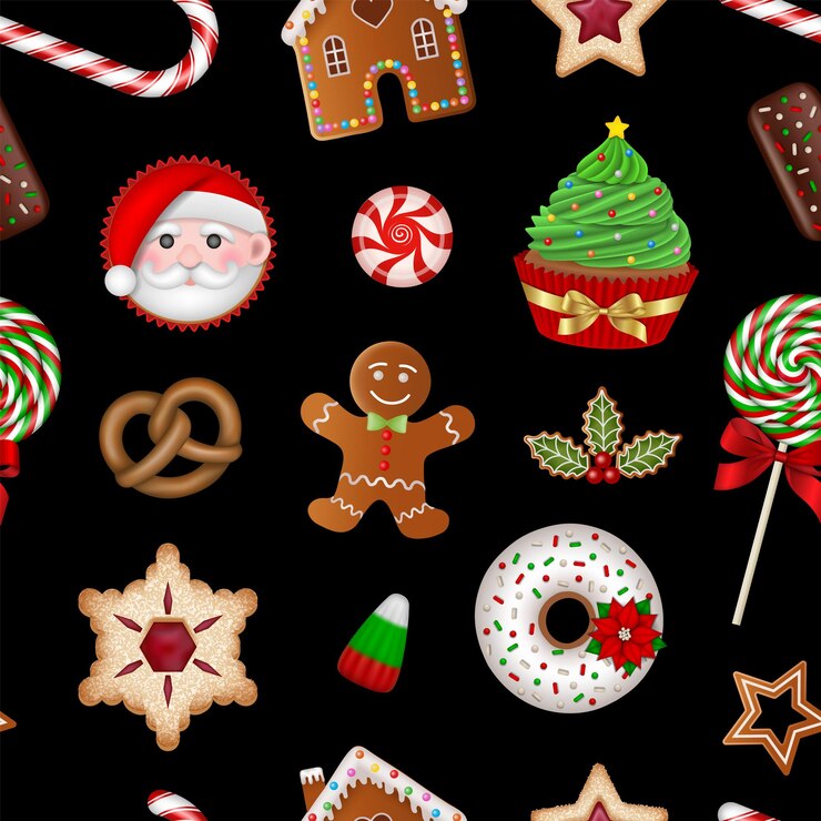 Vetor padrão de natal sem costura com textura de doces com bolos e biscoitos de doces de natal
