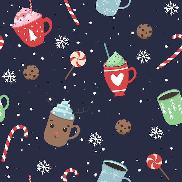 Padrão de natal, xícaras de café, biscoitos. padrão uniforme