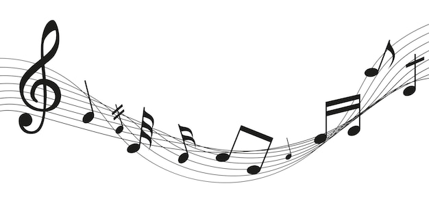 Padrão de nota de onda linhas de natureza com notas e sinal de chave aguda Composição abstrata em preto e branco ornamento gráfico moderno tecla de músico Ilustração gráfica vetorial de melodia clássica