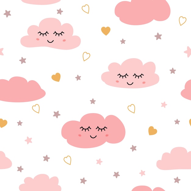 Padrão de nuvens padrão sem emenda com nuvens adormecidas sorridentes estrelas corações para design de menina bebê fofo fundo rosa de chá de bebê papel de parede de estilo infantil pano de tecido têxtil ilustração vetorial