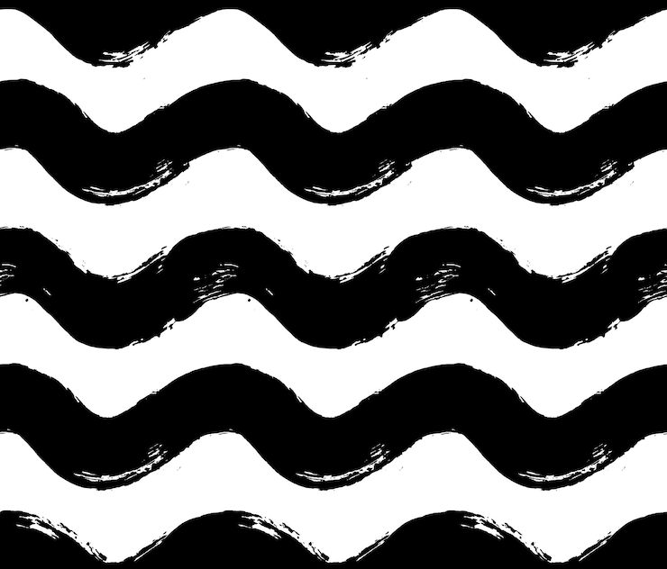 Padrão de onda pintado fundo de faixa curva sem costura traços de pincel desenhados à mão impressão gráfica esboçado branco preto vetor Grunge design para papel de parede móveis tecido moda têxtil