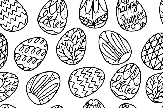 Padrão de ovo de páscoa em estilo doodle banner de feliz páscoa design moderno de páscoa traços pintados à mão pontos ovos orelhas de coelho em tons pastel