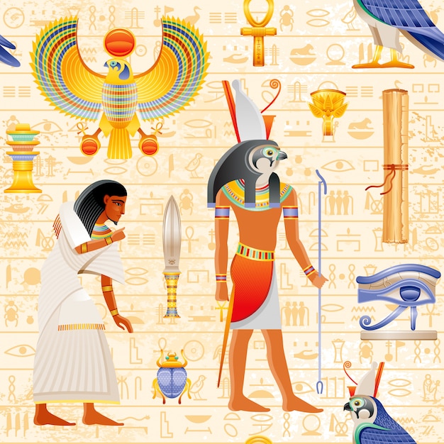 Padrão de papiro sem costura egípcio com elemento Falcon Horus Deus e Faraó - Ankh, escaravelho, olho Wadjet, escravo. Forma histórica antiga arte Egito com fundo hieróglifo.