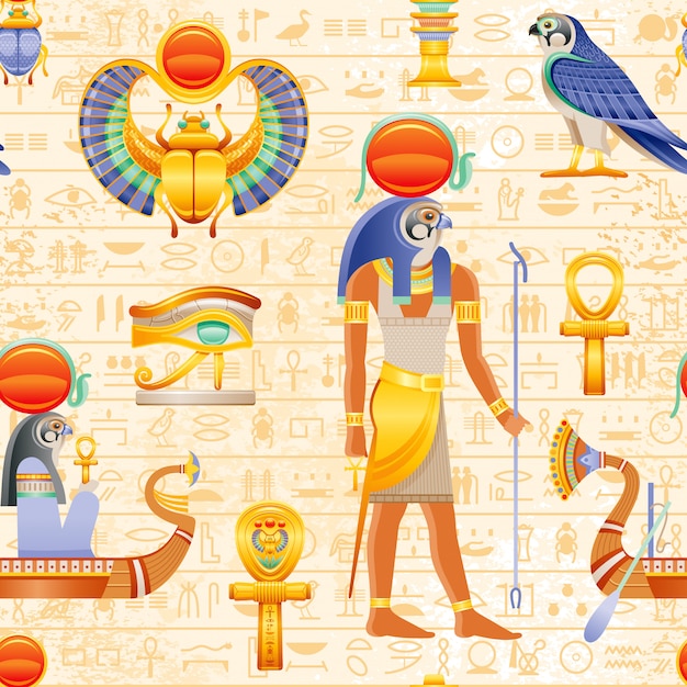 Padrão de papiro sem costura vector egípcio. Ra Falcon Sun Deus e elemento do faraó - Ankh, escaravelho, olho Wadjet, barco. Arte histórica antiga.