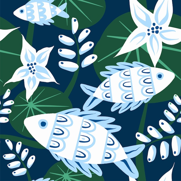Padrão de peixe e flores ilustração perfeita de verão