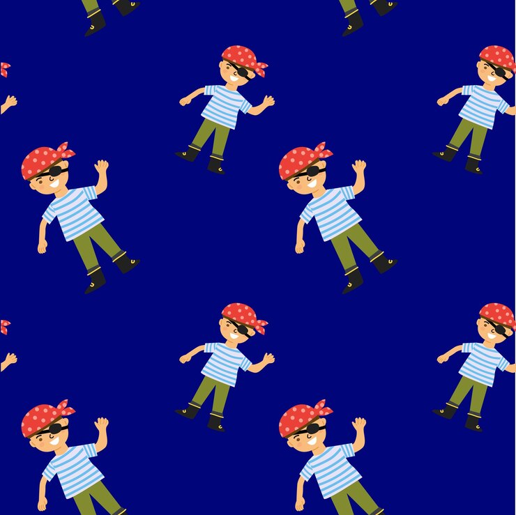 Vetor padrão de pirata de desenho animado em fundo azul