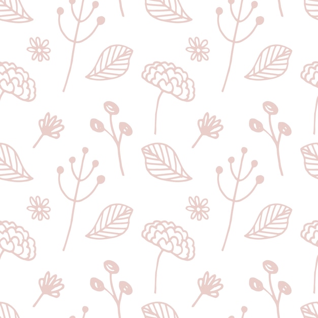 Padrão de planta doodle. plano de fundo transparente. bonitos flores e folhas abstratas. design minimalista. design universal para têxteis, papel digital, embalagens de cosméticos. ilustração vetorial desenhada à mão