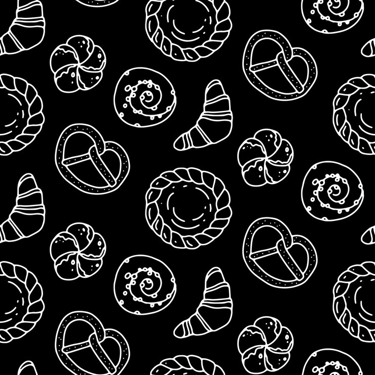 Padrão de produtos de padaria. Croissant, pretzel, pão de caracol, torta. Ilustração vetorial