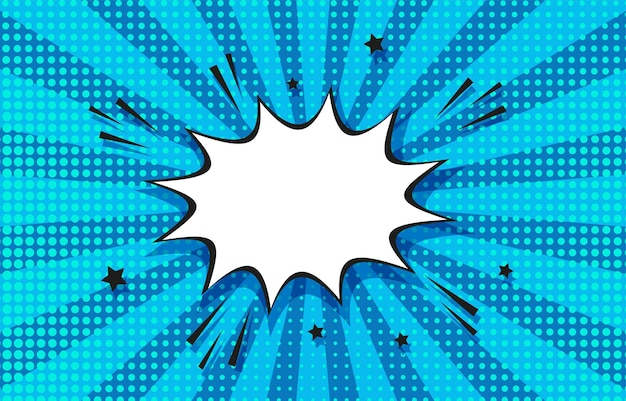 Padrão de quadrinhos de pop art. Fundo starburst de meio-tom. Impressão pontilhada azul com balão. ilustração
