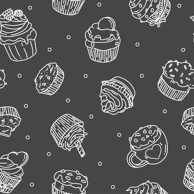 Padrão de rabiscos sem costura preto e branco com cupcakes em um fundo preto