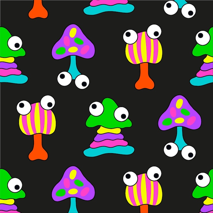 Padrão de rave de ácido psicodélico Cogumelo abstrato na moda em estilo cartoon para cartões postais têxteis