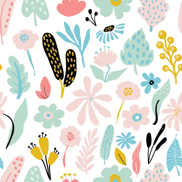 Padrão de repetição sem costura abstrato com elementos florais em cores pastel em fundo branco. Modelo vetorial para cartões, banners, tecido de impressão, t-shirt. Cores pastel.