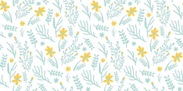 Vetor padrão de repetição sem costura com flores e folhas em azul e amarelo em fundo branco