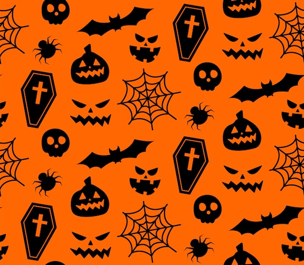 Padrão de repetição sem costura com símbolos de halloween. desenho de silhuetas para o feriado de halloween. para cartão postal, tecido, banner, modelo, papel de embrulho. ilustração em vetor plana.