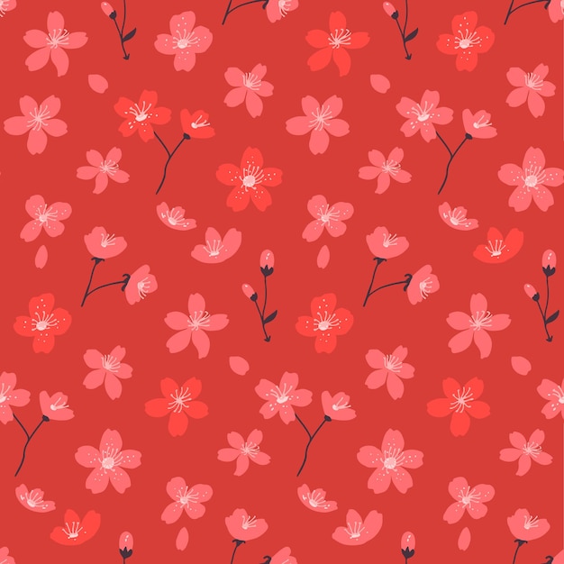 Padrão de sakura vermelho sem costura de fundo Textura oriental brilhante impressão japonesa tradicional ilustração vetorial de flor de cerejeira
