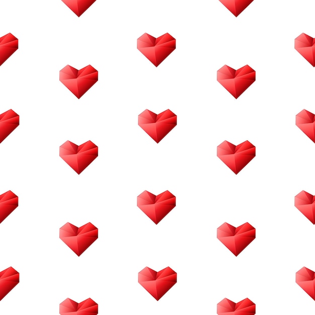 Padrão de Seamles com corações de origami vermelho em fundo branco. Ilustração vetorial