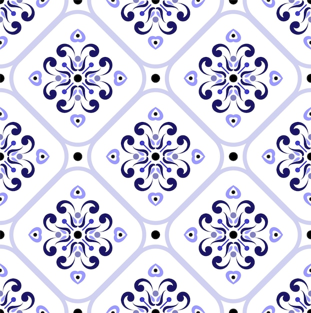 Padrão de telha cerâmica colorida sem costura floral fundo azul e branco decoração de papel de parede decorativo