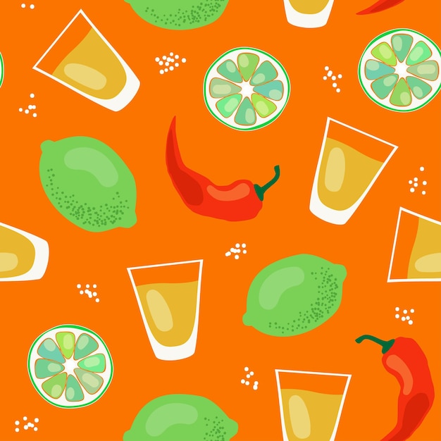 Vetor padrão de tequila vetor padrão sem emenda com álcool em shots de limão e pimenta malagueta.