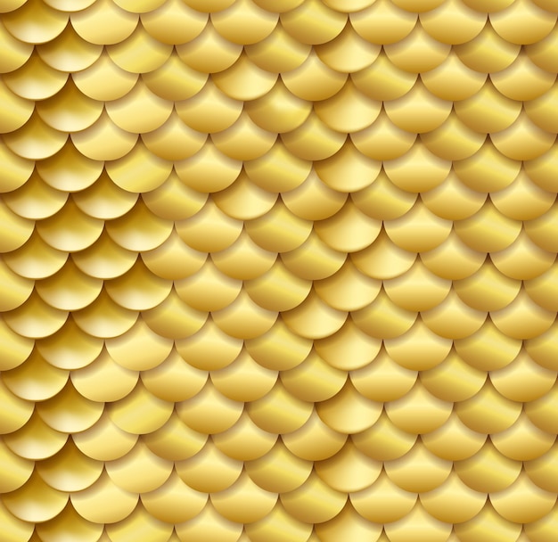 Padrão de textura de vetor de fundo de escalas de cobra de peixe dourado sem costura realista em cores douradas amarelo