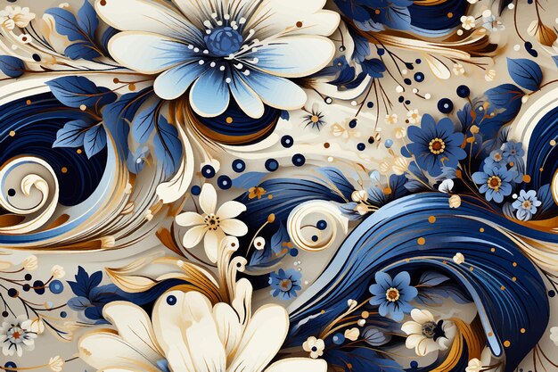 Padrão de textura floral vetorial com flores papel azul abstrato com padrão floral decorado com fundo