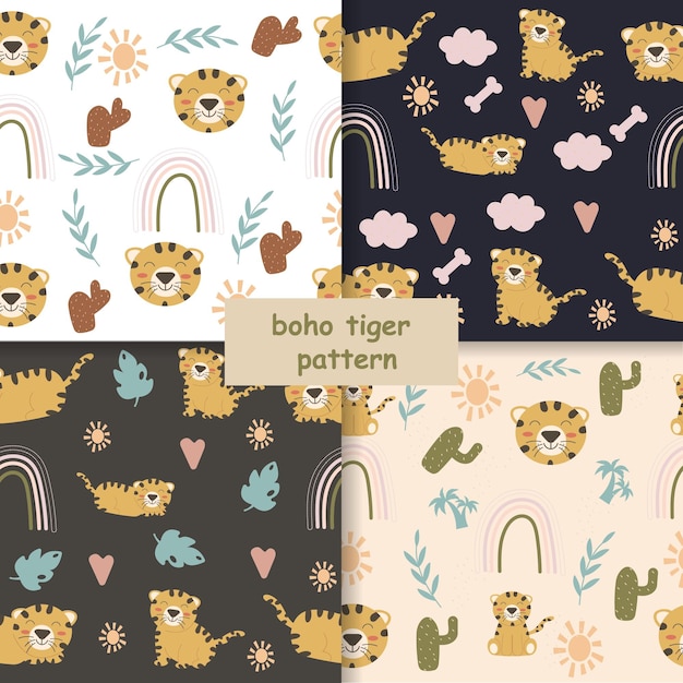 Padrão de tigre infantil sem costura em estilo boho ilustração vetorial