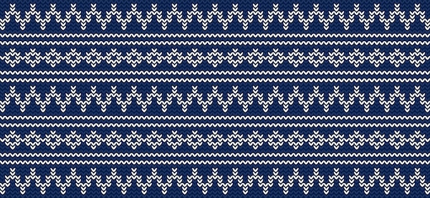 Padrão de tricô geométrico vetorial desenho de suéter festivo azul e branco padrão de tricot sem costura