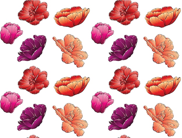 Padrão de tulipas florais de silhuetas em diferentes ângulos desenhados em rabiscos na moda