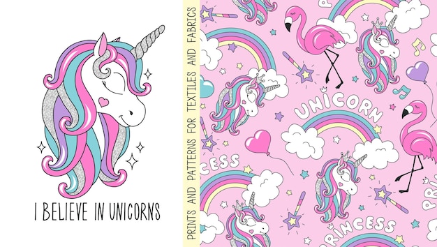Padrão de unicórnio de brilho sem costura para camisas e tecidos Vector de desenho animado de moda