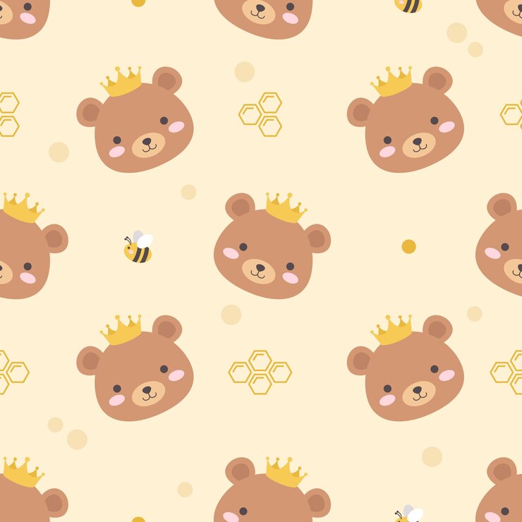Vetor padrão de urso e abelha sorridente no fundo amarelo