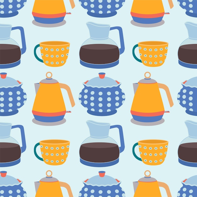 Padrão de utensílios de cozinha chaleira cafeteira caneca açucareiro