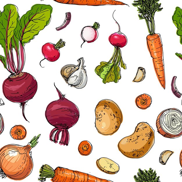 Padrão de vegetais coloridos pintados linha desenhada skertch colheita de outono alimentos frescos