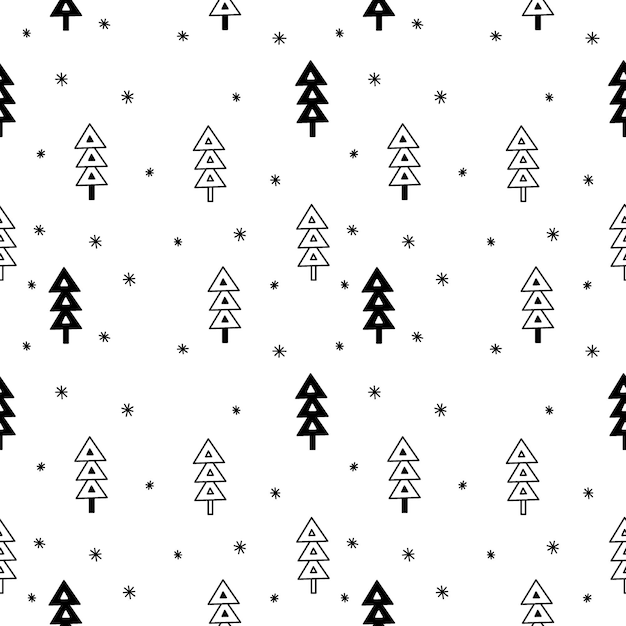 Padrão de véspera de Ano Novo sem costura preto e branco com árvores de Natal e flocos de neve