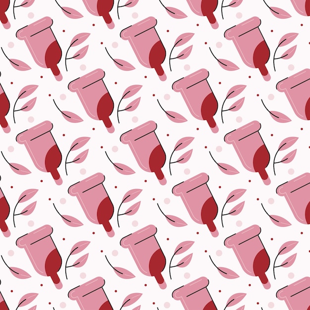 Padrão de vetor consistindo de copos menstruais e folhas rosa sem resíduos de produtos sustentáveis