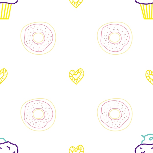 Padrão de vetor de manhã sem costura Esboçar ilustração de texto gráfico Ícone de muffin Donut Hearts