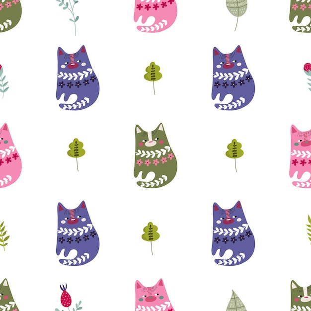 padrão de vetor sem costura bonito com gatos e flores coloridas ilustração folclórica pintada à mão