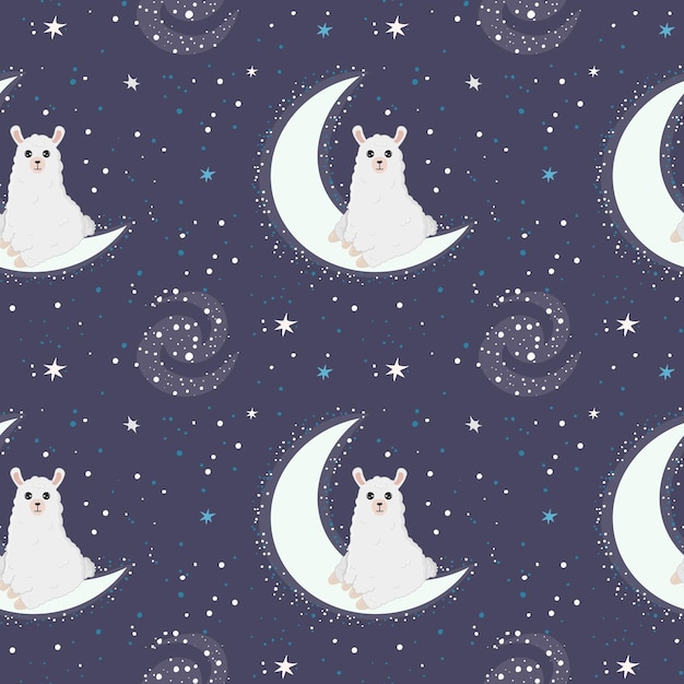 Padrão de vetor sem costura com alpaca fofa na meia-lua com uma ilustração de estrela para adesivo de banner e pôster para quartos de bebê fundo infantil