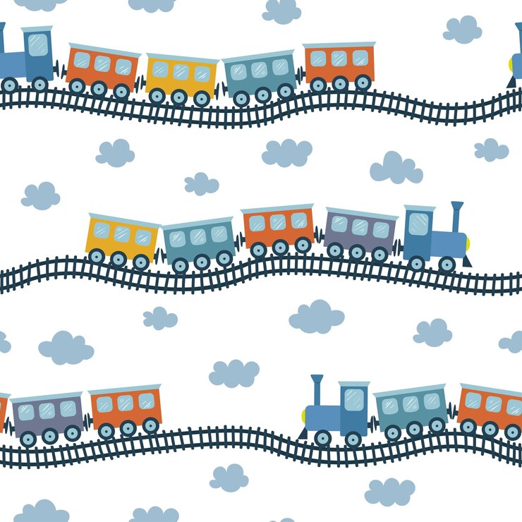 Vetor padrão de vetor sem costura com ilustração de trem colorido para crianças estilo desenhado à mão