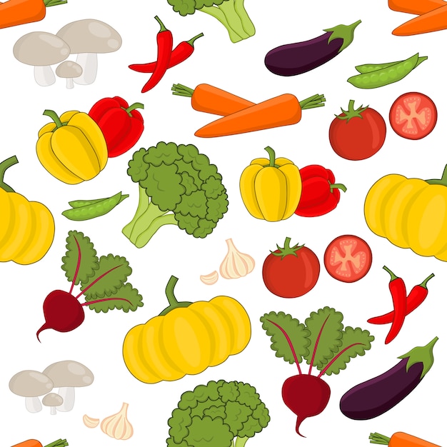padrão de vetor sem costura legumes definido no estilo cartoon
