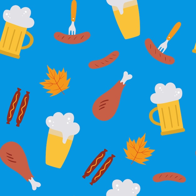 Padrão de vetor sem costura oktoberfest com folhas de salsichas de cerveja em um fundo azul.