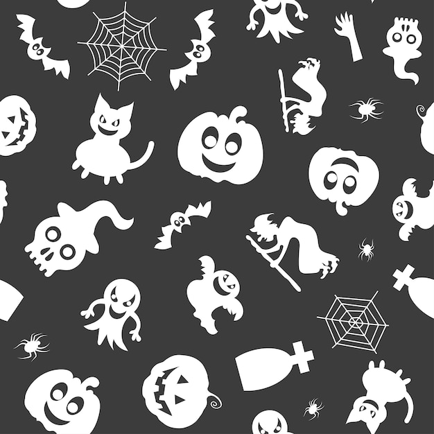 Padrão de vetor sem costura para design de halloween símbolos de halloween abóbora aranha fantasma morcego em desenho animado