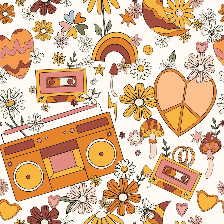 Vetor padrão de vetor sem costura rosa amarelo e laranja marrom verde design groovy dos anos 70 com flores e corações cogumelos arco-íris estilo dos anos setenta retro psicodélico fundo floral papel de parede impressão de textura