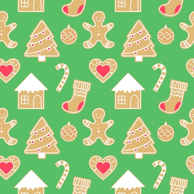 Padrão de vetor sem emenda de cookies de natal. pão de mel na justificativa verde. ilustração eps do papel de embrulho