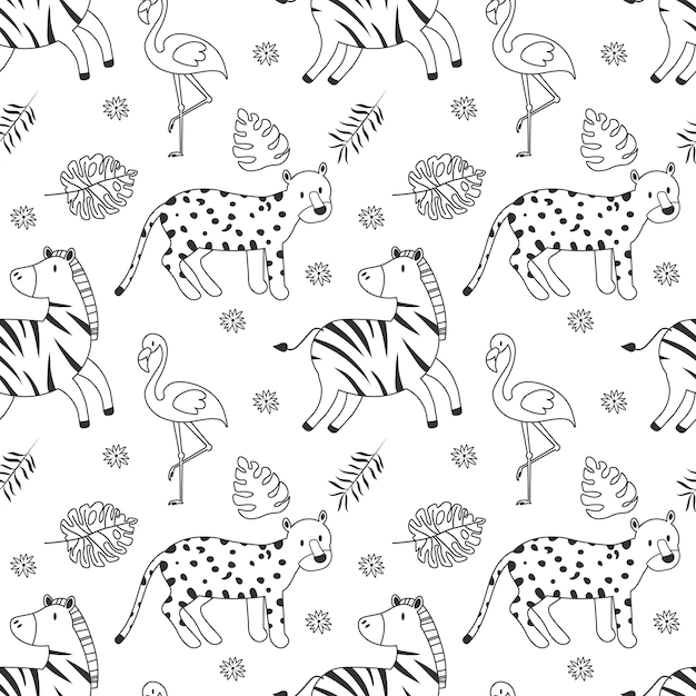 Vetor padrão de vetor simples com animais africanos zebra jaguar e flamingo estampa tropical desenhos lineares engraçados crianças bonitos papel de parede eps