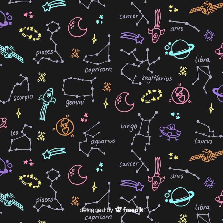 Vetor padrão de zodíaco colorido de mão desenhada